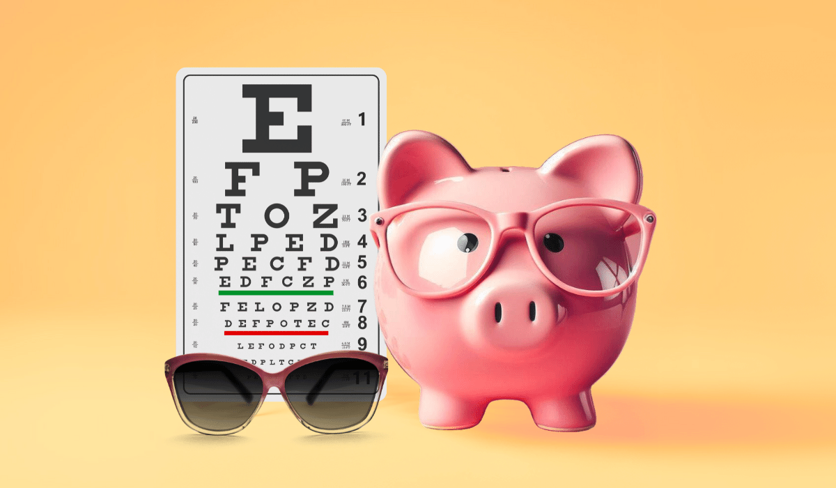 a pink piggy bank wearing glasses next to an eye exam test chart with maroon sunglasses below