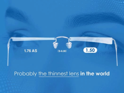 picture shows a -6.00 glasses prescription glazed into a frame with the right eye lens made in 1.50 refractive index material and with the left lens made with 1.76 index material. the image clearly shows a thickness disparity in favour of the 1.76 which shows a much more aesthetically pleasing thinner lens for this prescription type.