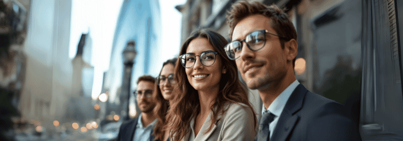 A group of stylish professionals wearing independent eyewear, showcasing high-quality glasses frames in a London urban setting.