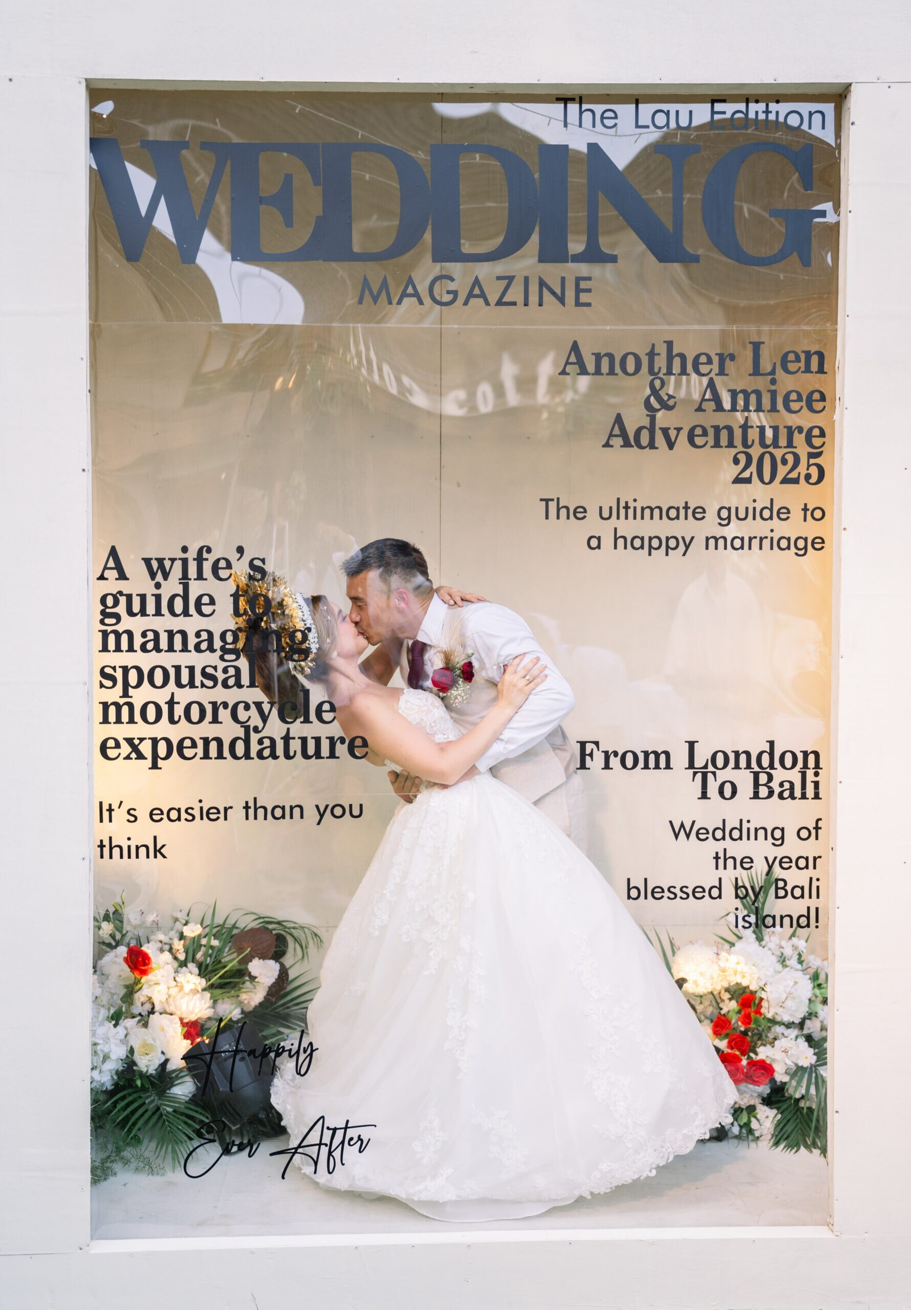 An image of a personalised wedding photo box with a bride and groom embraced in a dipped kiss. the image books like the front cover of a magazine.