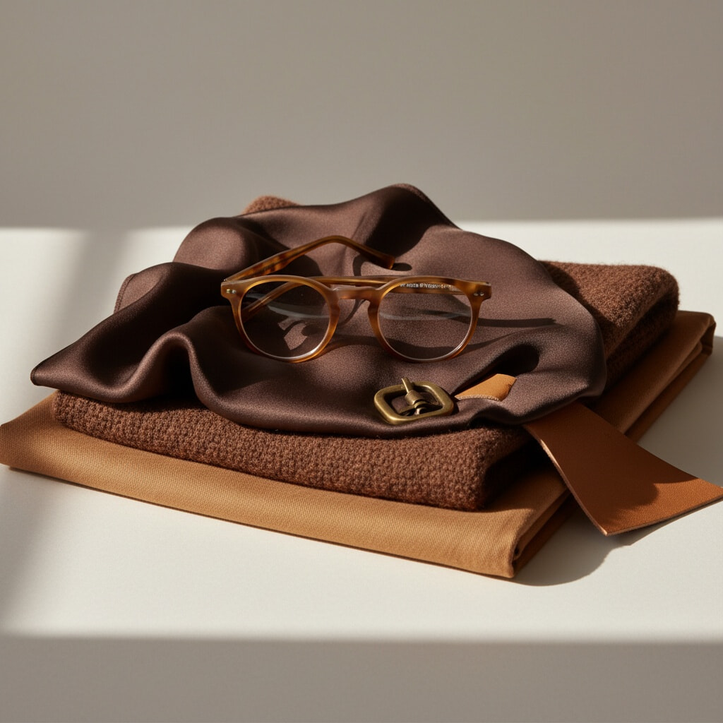 A pair of amber acetate glasses rests on a stack of brown-toned fabrics, including matte wool, glossy satin, and tan twill. A brass belt buckle is placed nearby, all bathed in warm, natural light.