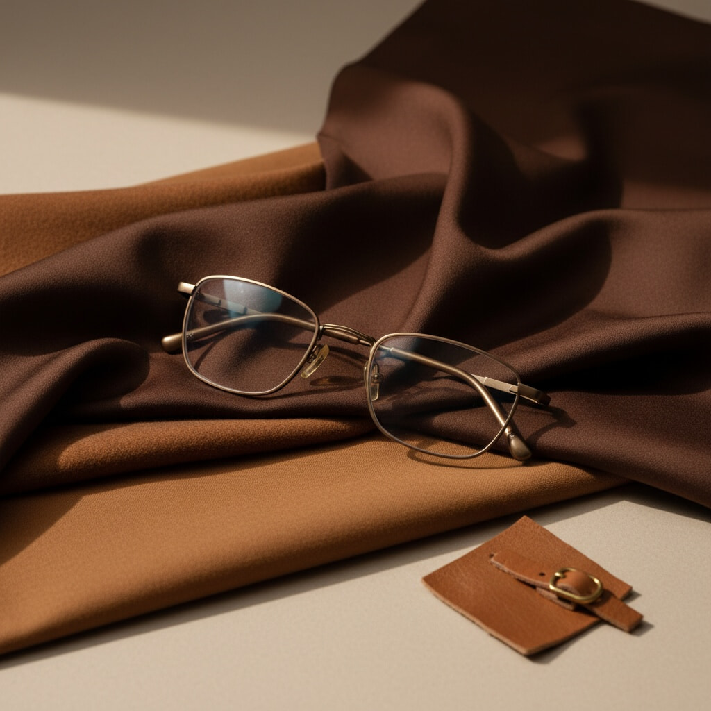 A pair of dark bronze metal glasses is placed on draped brown satin and tan fabric, with a small swatch of tan leather and a gold buckle nearby. The scene is softly lit with natural daylight.