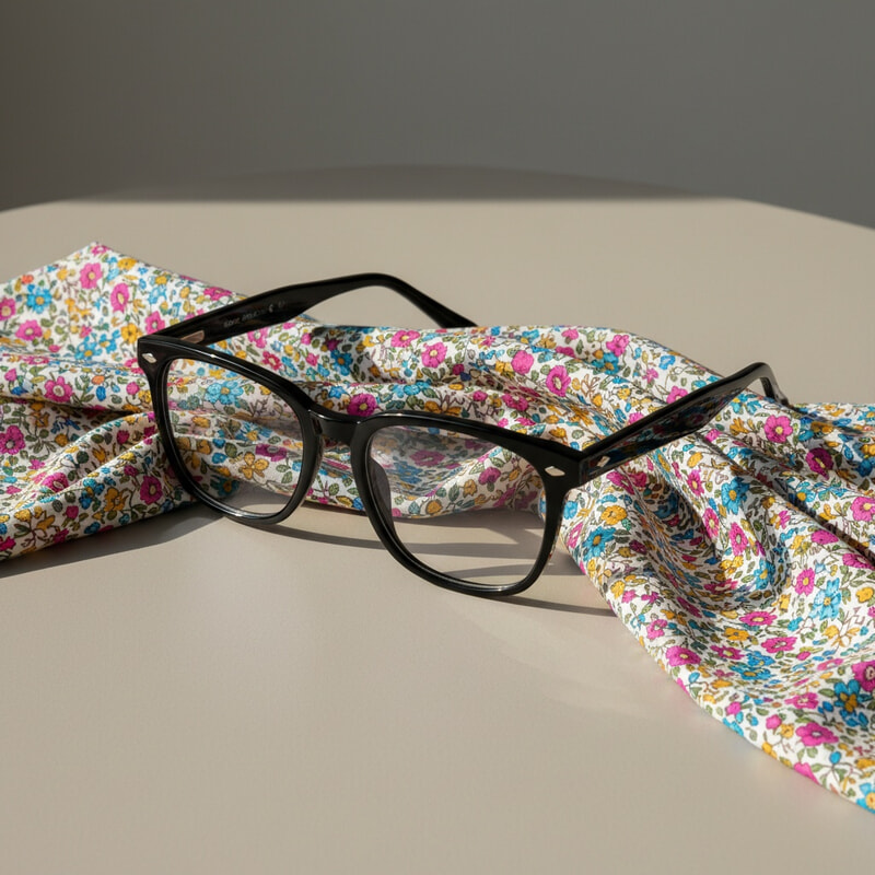 A pair of simple black acetate glasses sits on a vibrant, busy floral print fabric featuring small flowers in pink, blue, yellow, and white. The fabric is softly draped on a neutral surface under gentle daylight.