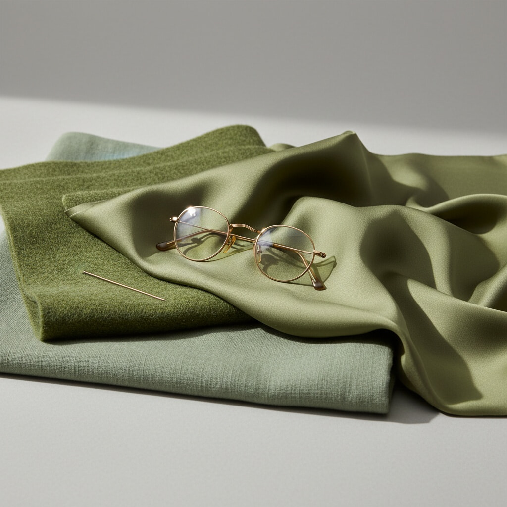 A pair of delicate gold metal glasses rests atop layered green fabrics, including moss wool, sage satin, and pale green linen. A gold sewing needle lies nearby, and the scene is softly lit with natural daylight.