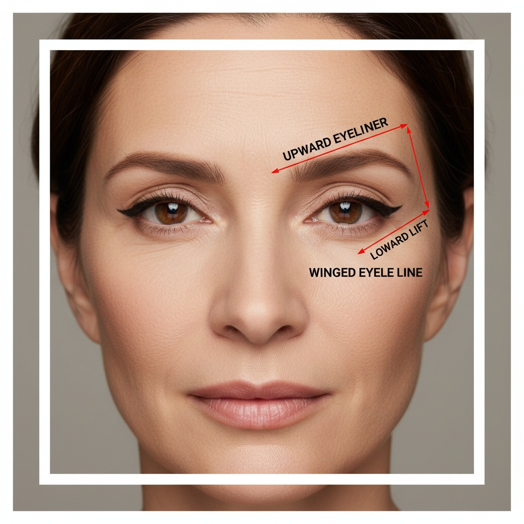 A close-up of a woman’s face with a diagram overlay showing the effect of upward winged eyeliner. Red arrows and text highlight the direction of the eyeliner, the upward lift, and the winged eye line, visually demonstrating how this makeup technique lifts the outer eye area.