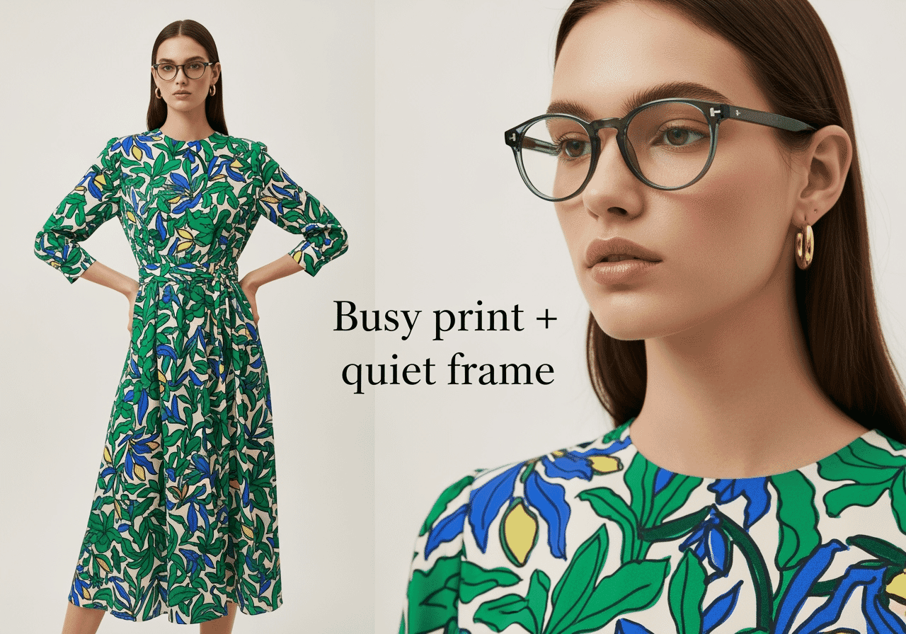 Example of how to choose glasses for your outfit: busy print dress with quiet frame. A woman with long brown hair wears a bold green, blue, and yellow botanical print dress and simple round black glasses. The image shows her full length and in close-up, with the text “Busy print + quiet frame” overlaid.