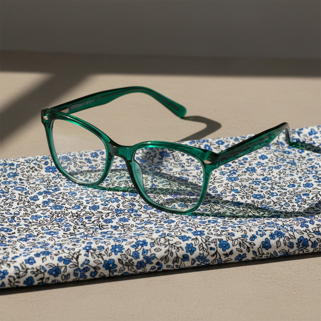 A pair of dark teal sea-coloured acetate glasses sits on top of a fabric with a busy small floral print in blue, green, and white tones, styled on a neutral surface in natural daylight.