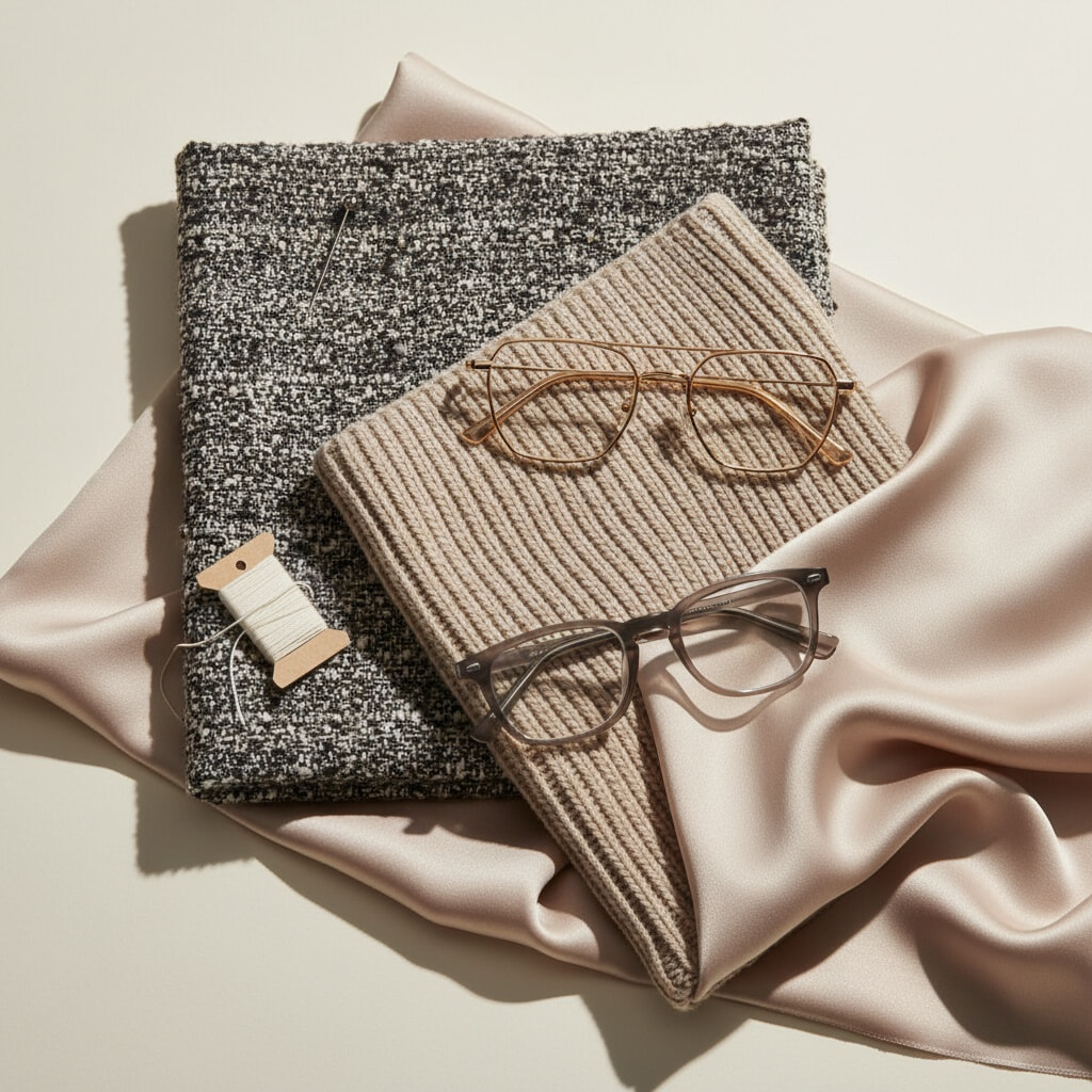 A flat lay of neutral fabric swatches—grey tweed, taupe rib knit, and champagne satin—arranged with two pairs of glasses. One pair is a polished gold metal frame resting on the rib knit, the other is a translucent taupe acetate frame on the satin. A spool of white thread and a sewing needle complete the scene.