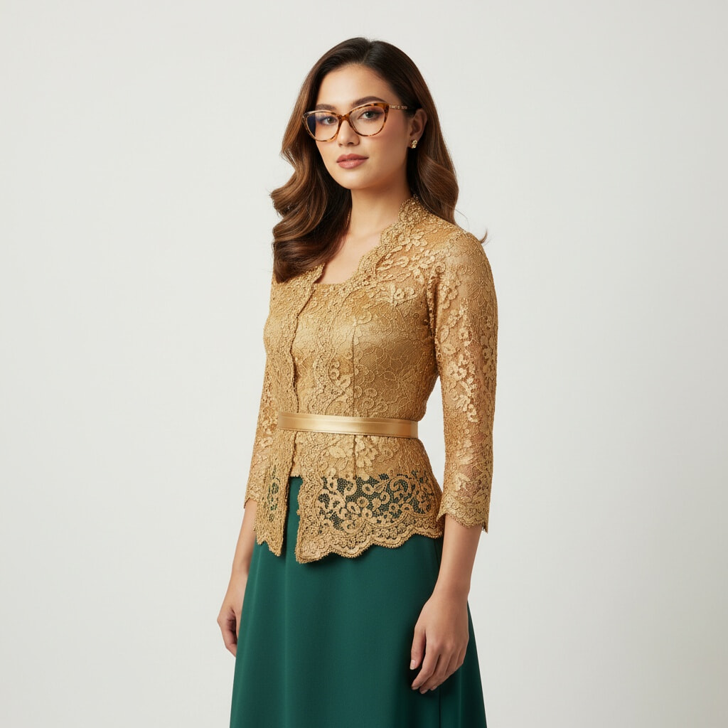 A woman wears a gold lace kebaya blouse with a matching sash and a deep green A-line skirt. She accessorises with gentle upswept tortoiseshell glasses, gold stud earrings, and soft waves in her hair, standing against a plain light background.