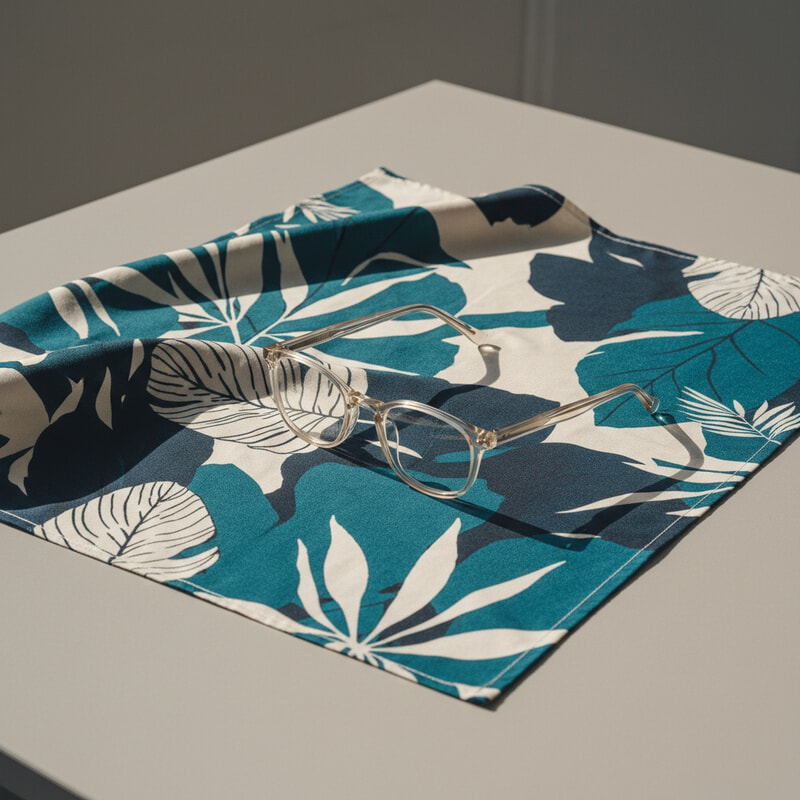 A pair of clear crystal acetate glasses rests on a bold blue and white botanical print fabric, arranged on a neutral tabletop in natural daylight. The fabric features large, abstract leaf shapes in teal, navy, and cream.