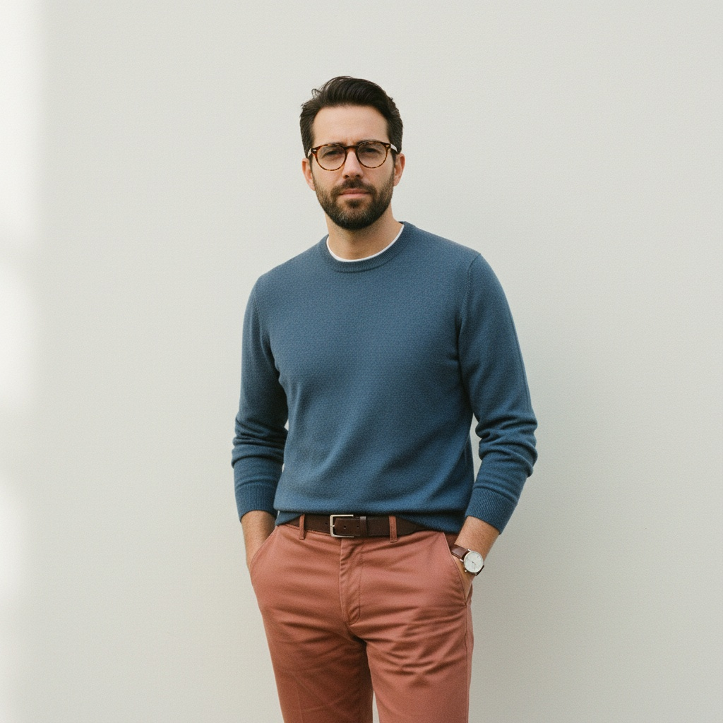 A man demonstrating how to choose glasses for your outfit with blue jumper and rust chinos. with short dark hair and a beard wears a slate blue crew-neck jumper, rust-coloured chinos, a brown belt, and honey tortoiseshell round glasses. He stands with his hands in his pockets, looking relaxed against a pale neutral background.