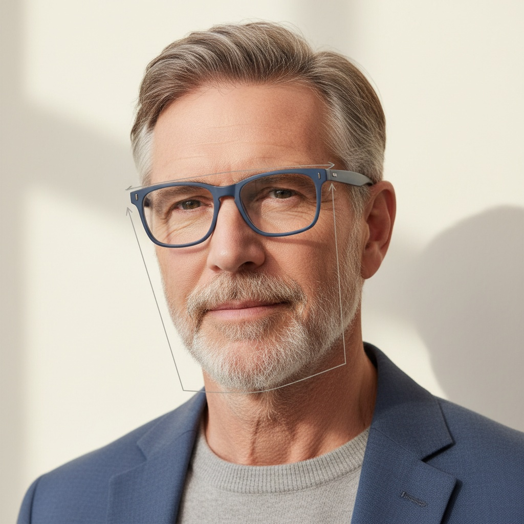 A mature man with grey hair and beard wears matte blue rectangular glasses that visually enhance his face shape. He is dressed in a blue blazer and grey jumper, and the image includes faint diagram lines showing how the frame’s lower rim parallels and sharpens his jawline.