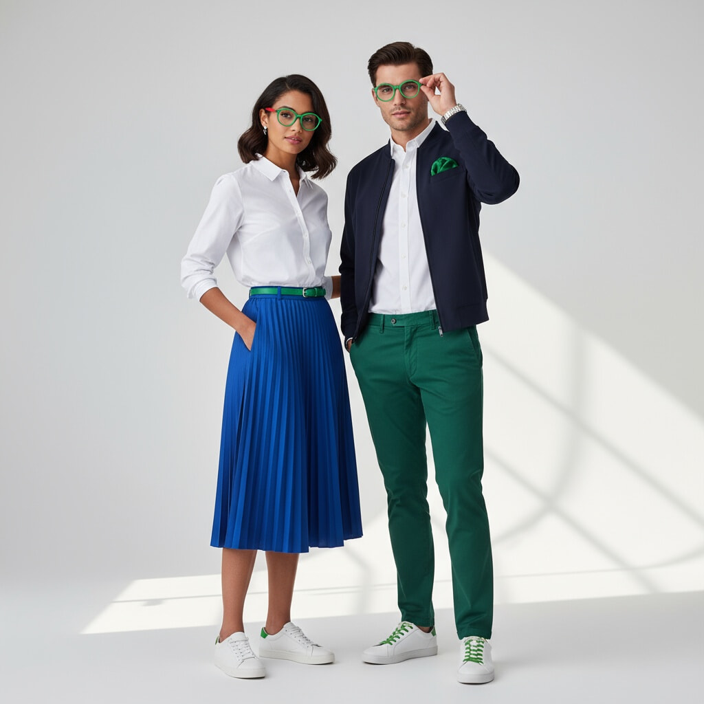 A man and woman pose side by side wearing matching bright green round glasses. The woman wears a crisp white shirt tucked into a pleated cobalt blue midi skirt, with a green belt and white trainers. The man wears green trousers, a white shirt, a navy bomber jacket, and white trainers with green laces. Both have medium skin tones and dark hair, styled in a modern, smart-casual way.