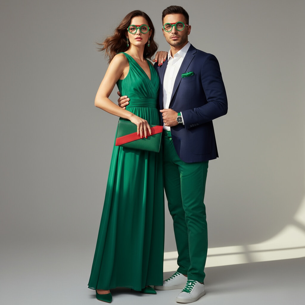 A man and woman stand together wearing matching vivid green round glasses. The woman wears a floor-length emerald green gown with matching heels, holding a green clutch with a bold red stripe and sporting red nails. The man wears green trousers, a navy blazer, a white shirt, and white trainers with green laces. Both have medium skin tones and dark brown hair. Their outfits are coordinated with red and green accents, creating a polished, fashion-forward look.