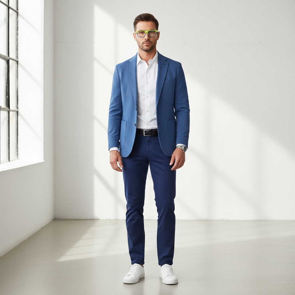 A man stands in a sunlit, minimalist room wearing a light blue blazer, navy trousers, a white shirt, and white trainers with neon green laces. He accessorises with a neon green watch and wears bold neon green round glasses, adding a modern twist to his tailored outfit.