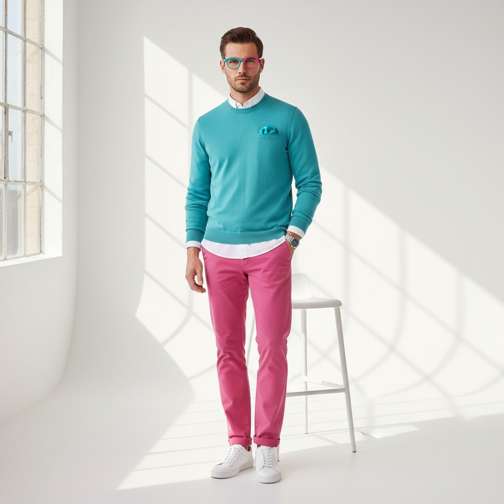 A man stands in a bright, minimalist room wearing hot pink chinos, a teal crew-neck jumper layered over a white shirt, and white trainers. He sports round glasses with a split turquoise and hot pink frame, matching his outfit. He has medium skin tone, short brown hair, and a teal pocket square in his jumper.