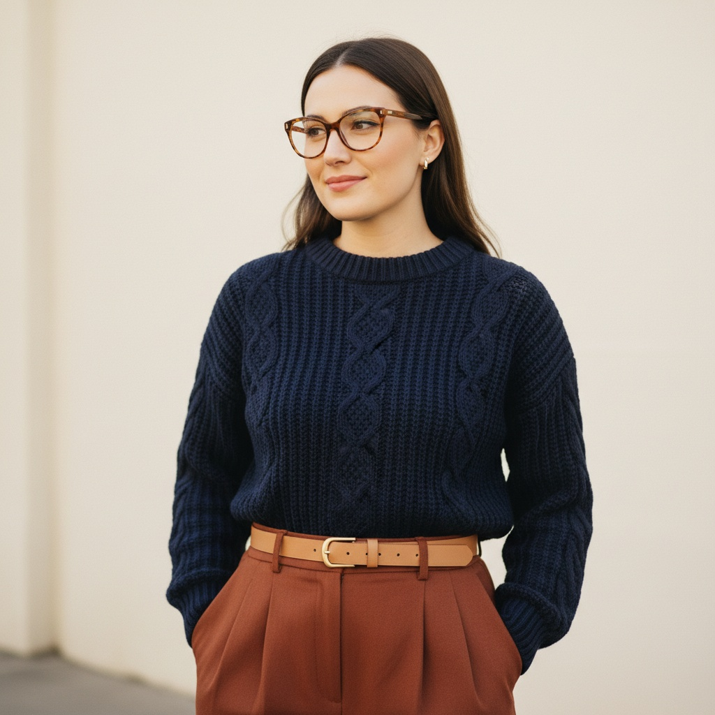 A woman showing how to choose glasses for your outfit with navy jumper and rust trousers. She has long brown hair wears a navy cable-knit jumper, high-waisted rust trousers with a tan belt, and honey tortoiseshell glasses. She stands in soft daylight against a pale neutral wall, with a gentle smile and hands in her pockets.