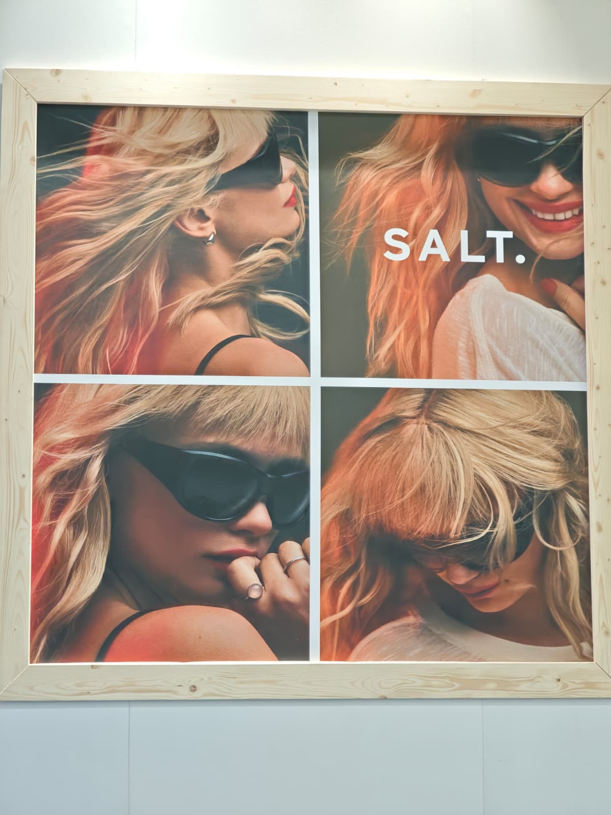 A framed collage of four images featuring a blonde woman wearing oversized black sunglasses, with the brand name “SALT.” displayed.