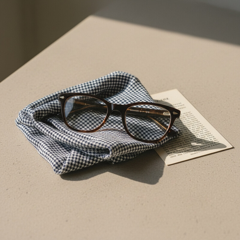 A pair of glossy dark brown acetate glasses is placed on a folded piece of small-scale navy and white chequered fabric. The setup is on a beige tabletop, with a cream card partially visible beneath the fabric, all bathed in soft sunlight.