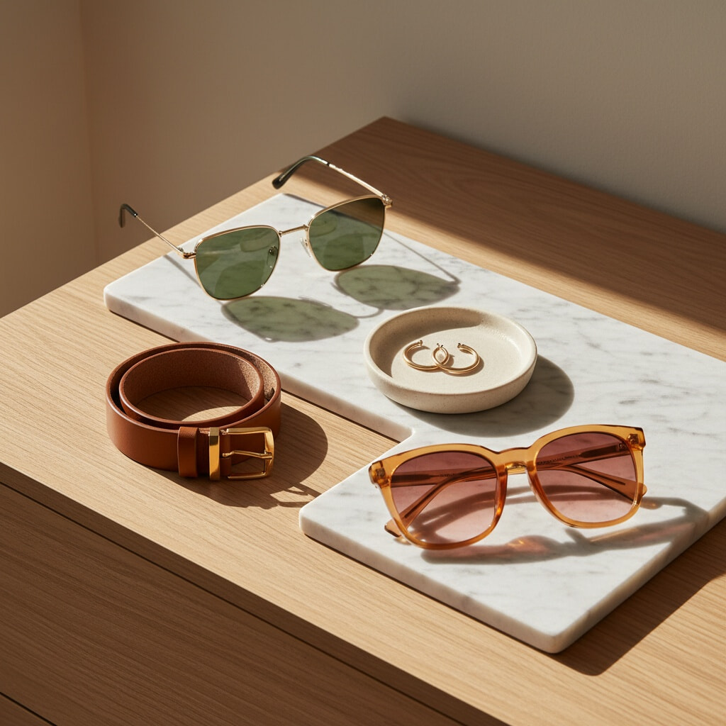 A still-life scene features two pairs of sunglasses—one with green lenses and slim gold metal frames, the other with rose-tinted lenses and amber acetate frames—arranged on marble trays. A tan leather belt with a gold buckle and a dish holding gold hoop earrings complete the composition, all bathed in soft sunlight.