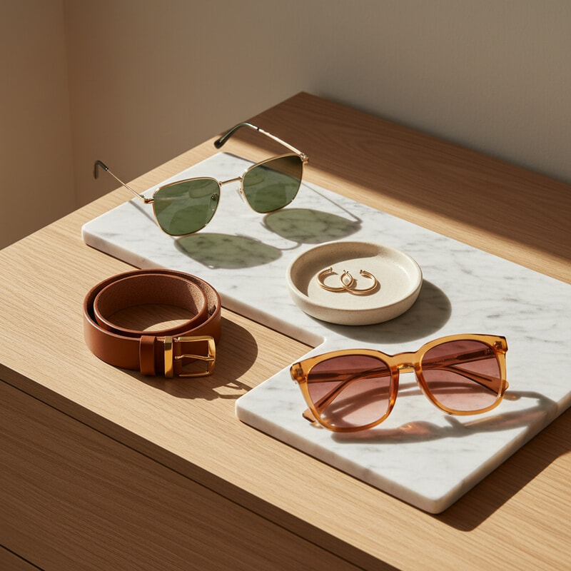 A still-life scene features two pairs of sunglasses—one with green lenses and slim gold metal frames, the other with rose-tinted lenses and amber acetate frames—arranged on marble trays. A tan leather belt with a gold buckle and a dish holding gold hoop earrings complete the composition, all bathed in soft sunlight.