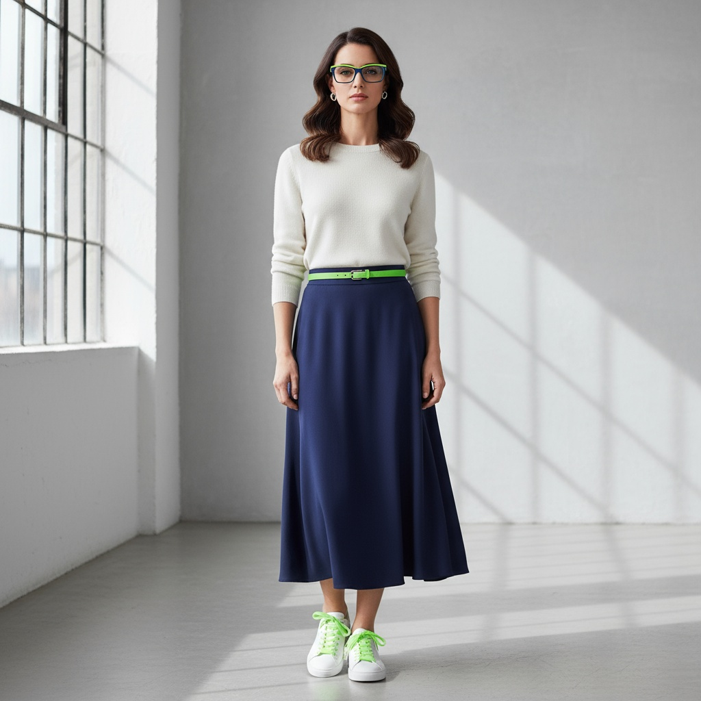 A woman stands in a minimalist room wearing a navy blue midi skirt, a neon green belt, an ivory jumper, and white trainers with neon green laces. She has dark brown hair in soft waves and wears square glasses with a neon green frame, coordinating with her belt and laces for a fresh, modern look.