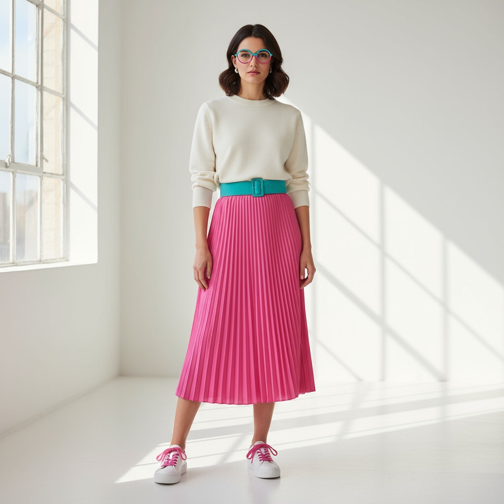 A woman stands in a bright, minimalist room wearing a hot pink pleated midi skirt, a teal blue belt, an ivory jumper, and white trainers with pink laces. She has dark brown hair styled in soft waves and wears round glasses with a split turquoise and pink frame, perfectly matching her colourful outfit.