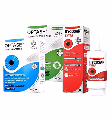 Optase and Hycosan dry eye treatment products including eye drops and lid care solutions for managing dry eye symptoms.