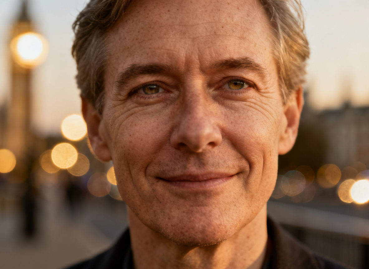 Close-up portrait with blurred background lights to represent glare and halos, a common cataract symptom
