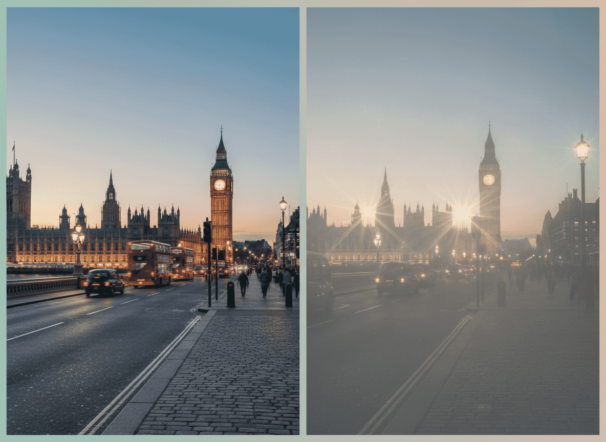 Split image showing clear vision compared with cataract vision, with glare and haze around lights in London at dusk