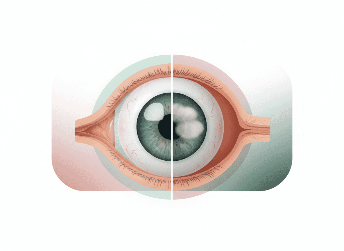 Eye cross-section showing a clear lens compared with a cloudy cataract lens