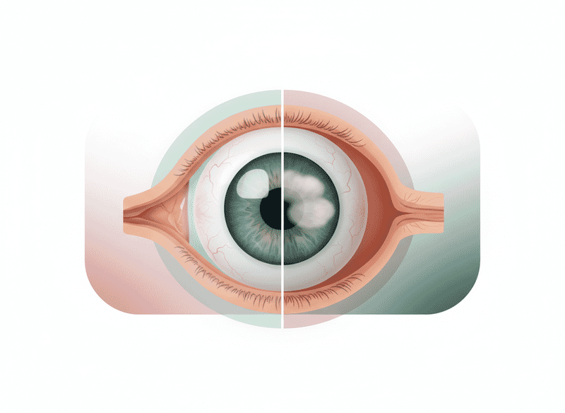 Eye cross-section showing a clear lens compared with a cloudy cataract lens