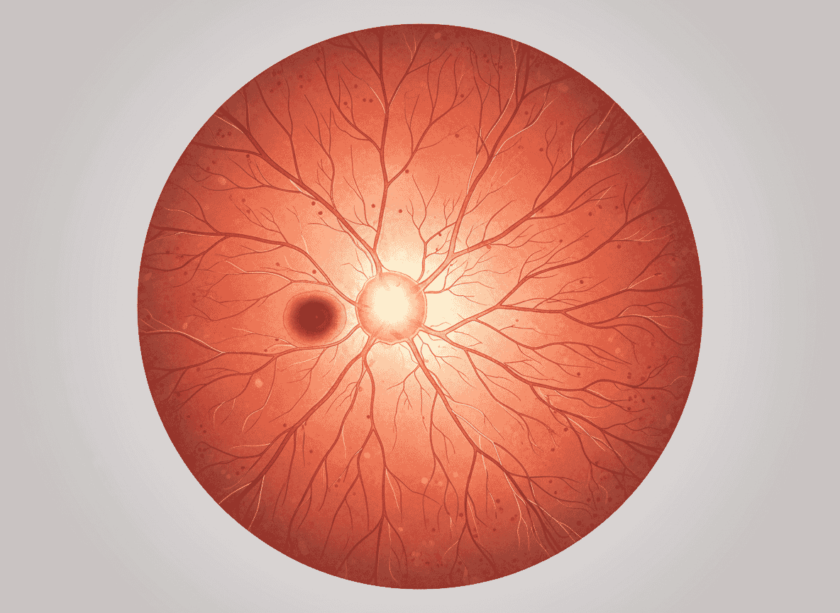 Optomap-style wide-field retinal image showing the optic disc and retinal blood vessels